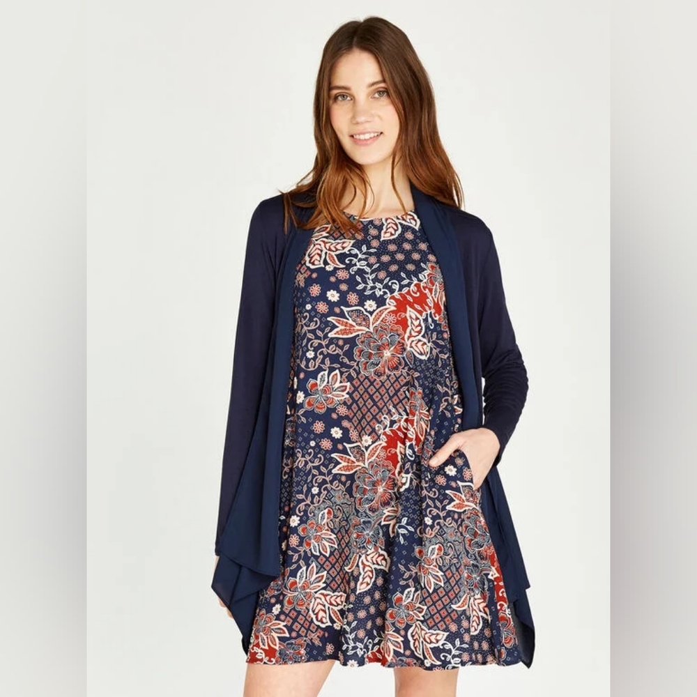 APRICOT Navy Floral Print Dress with Red and Cream Accents